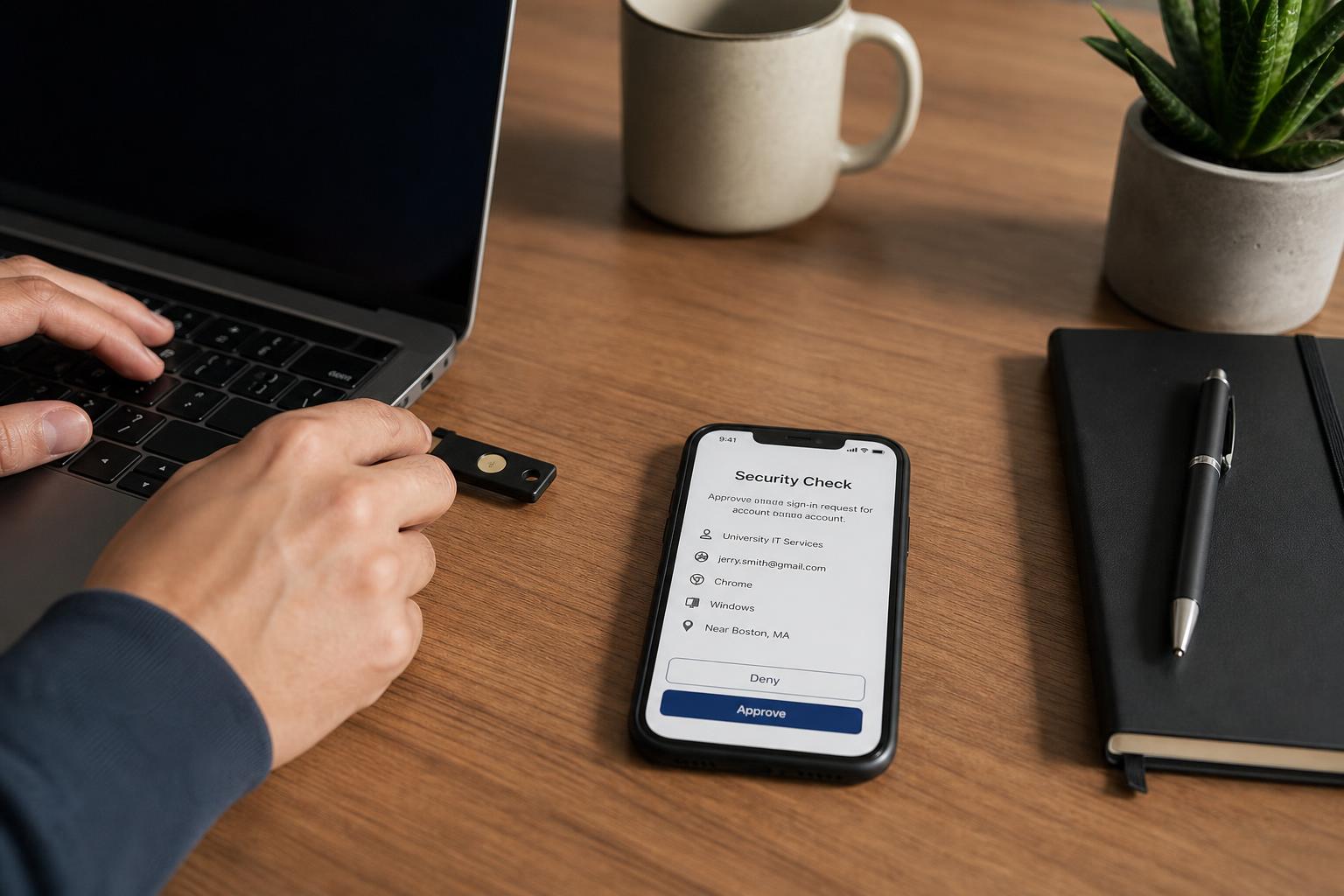Workspace profissional com certificação digital segura em laptop e smartphone
